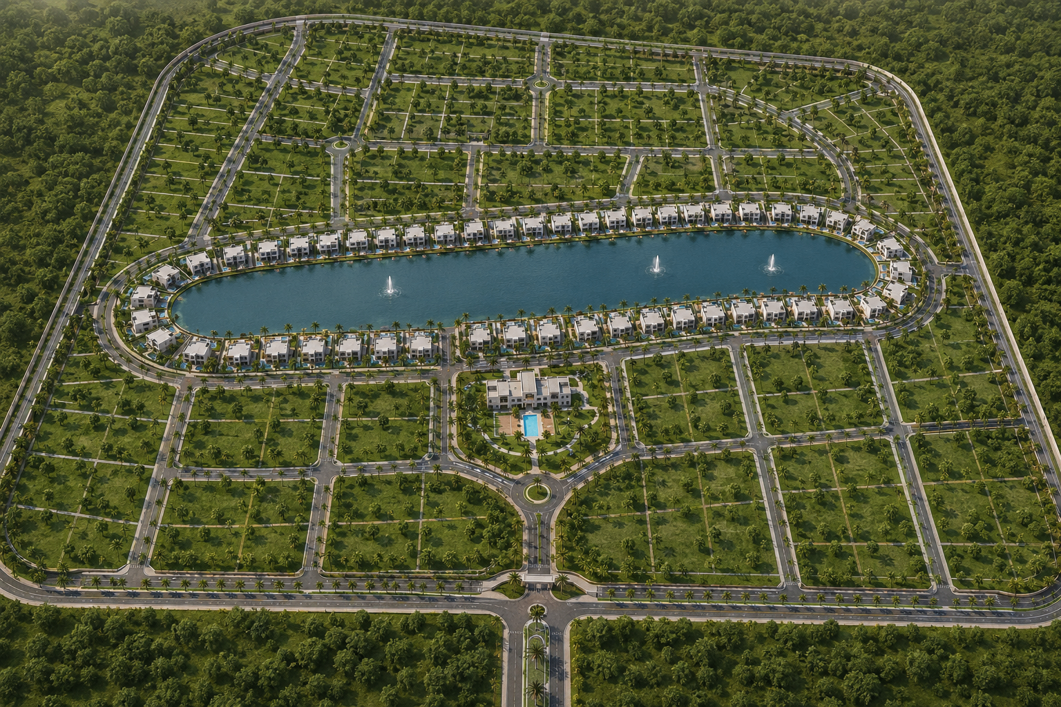 Aerial render of the Growth District master plan, showing the central lake, lakeside villas, clubhouse, and surrounding plotted neighbourhoods.