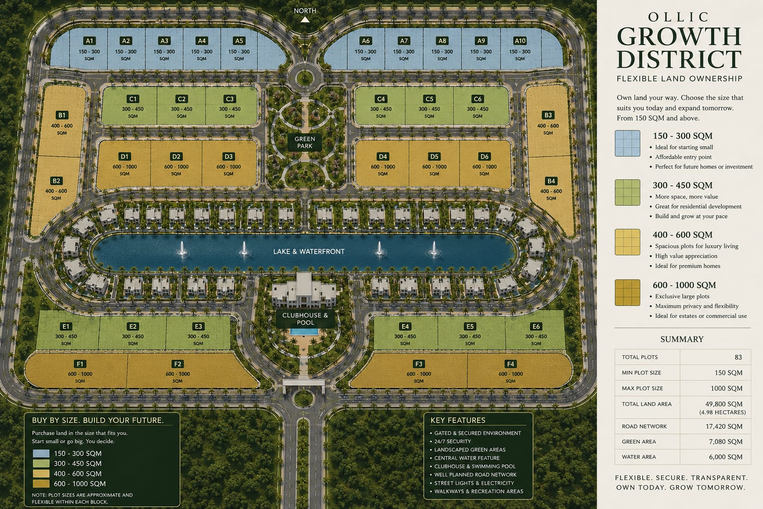 Master plan of Ollic Growth District, showing the central lake and waterfront, clubhouse and pool, green park, and the plotted neighbourhoods graded by plot size from 150 to 1000 square metres.
